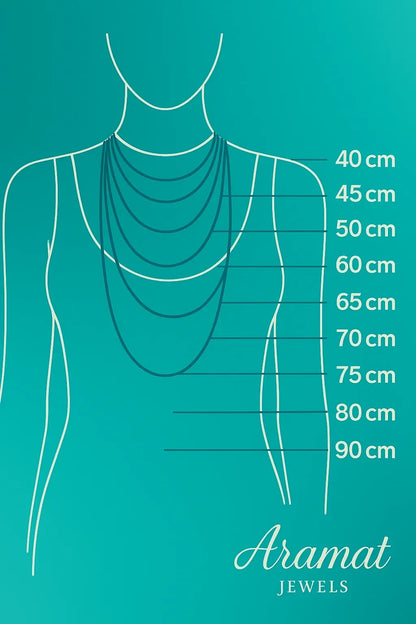 Aramat Jewels maattabel voor kettingen met lengtes van 40 tot 90 cm op een vrouwelijk silhouet