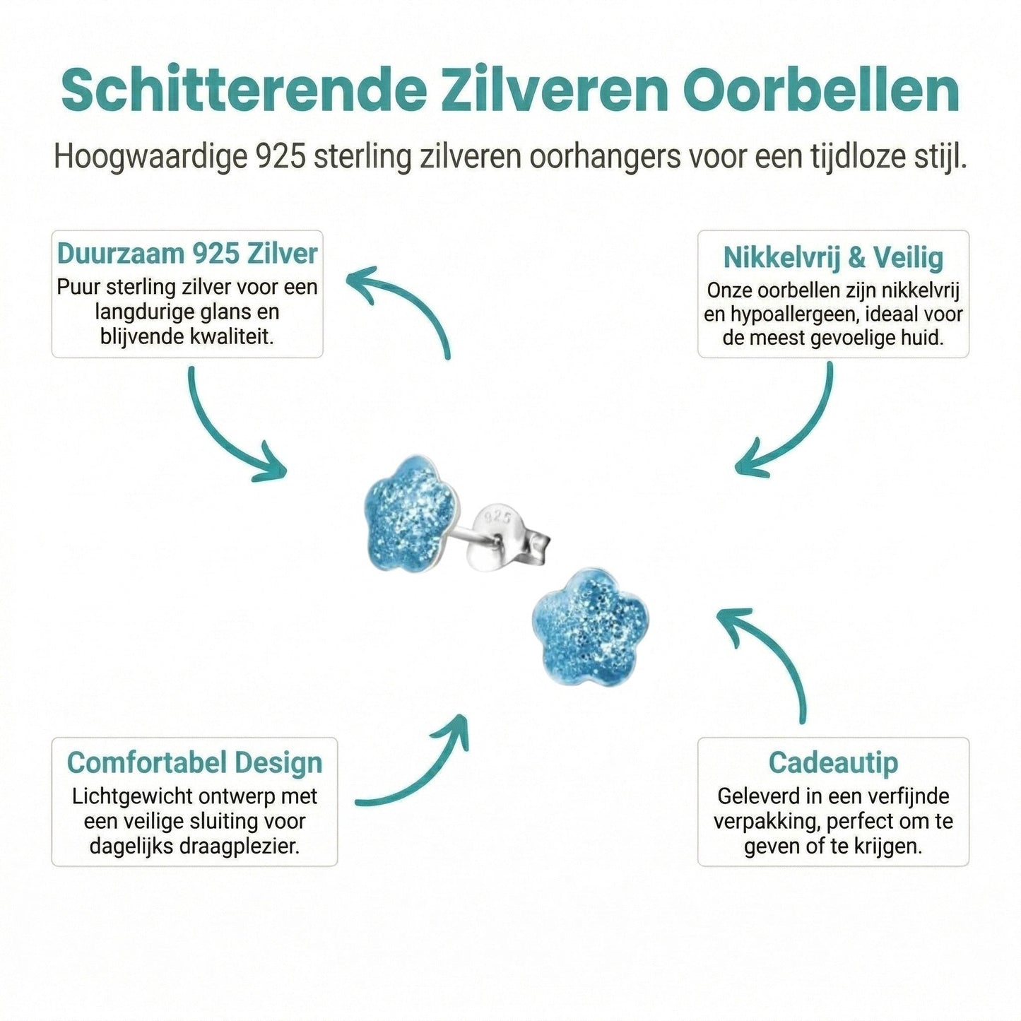 Aramat Jewels 925 zilveren kinderoorbellen met blauwe glitter bloem 8mm