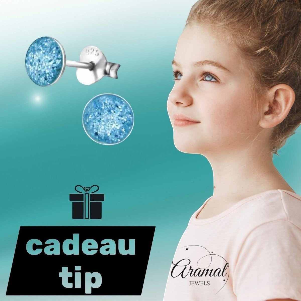 Aramat Jewels 925 zilveren kinderoorbellen met blauwe glitter, rond 5mm. Ideaal als cadeau.