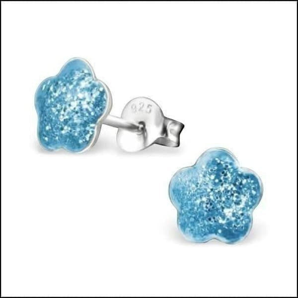 Aramat Jewels 925 zilveren kinderoorbellen met blauwe glitter bloem 8mm