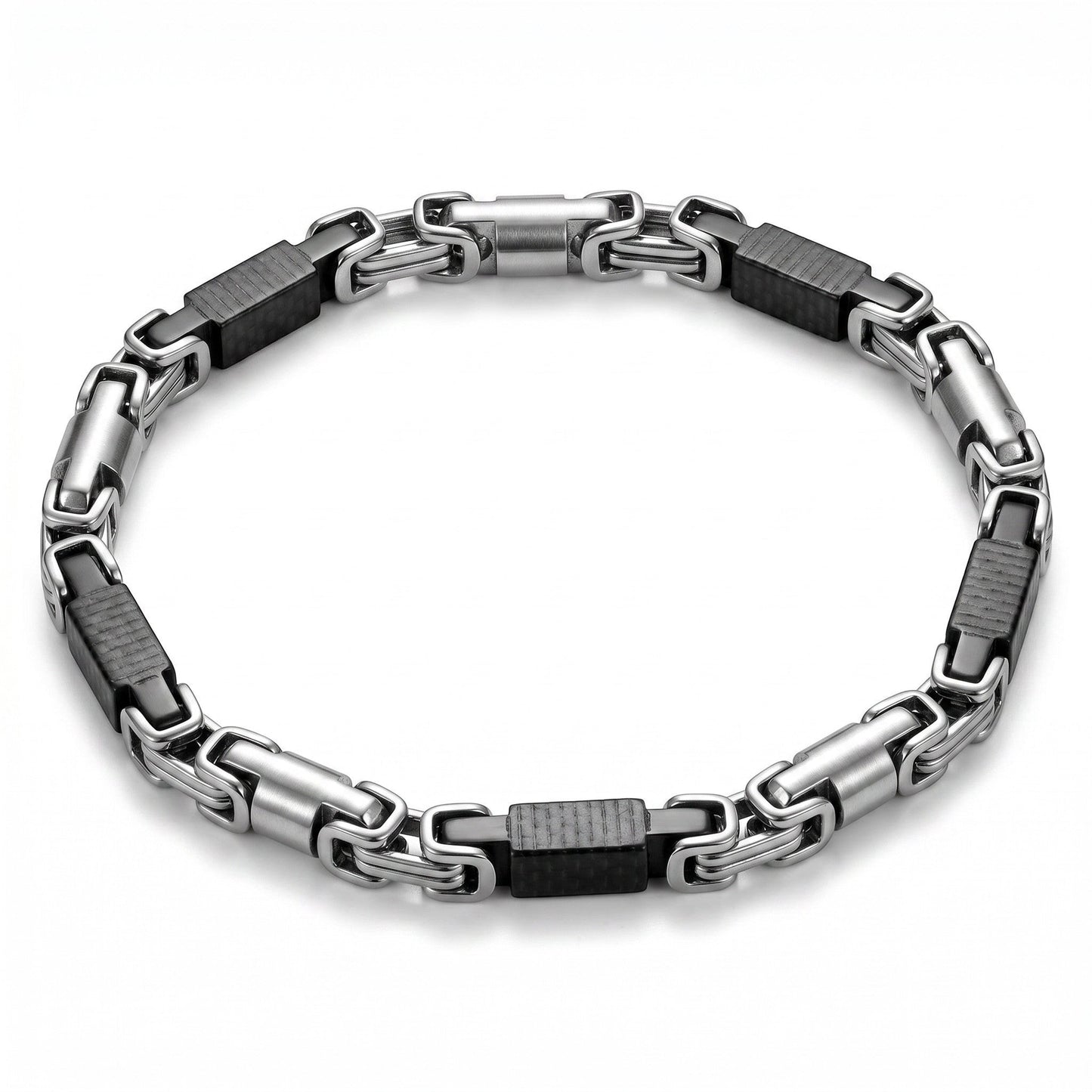 Aramat Jewels stoere koningsschakel armband van edelstaal met zwarte accenten en karabijnslot, 6mm breed en 23cm lang.