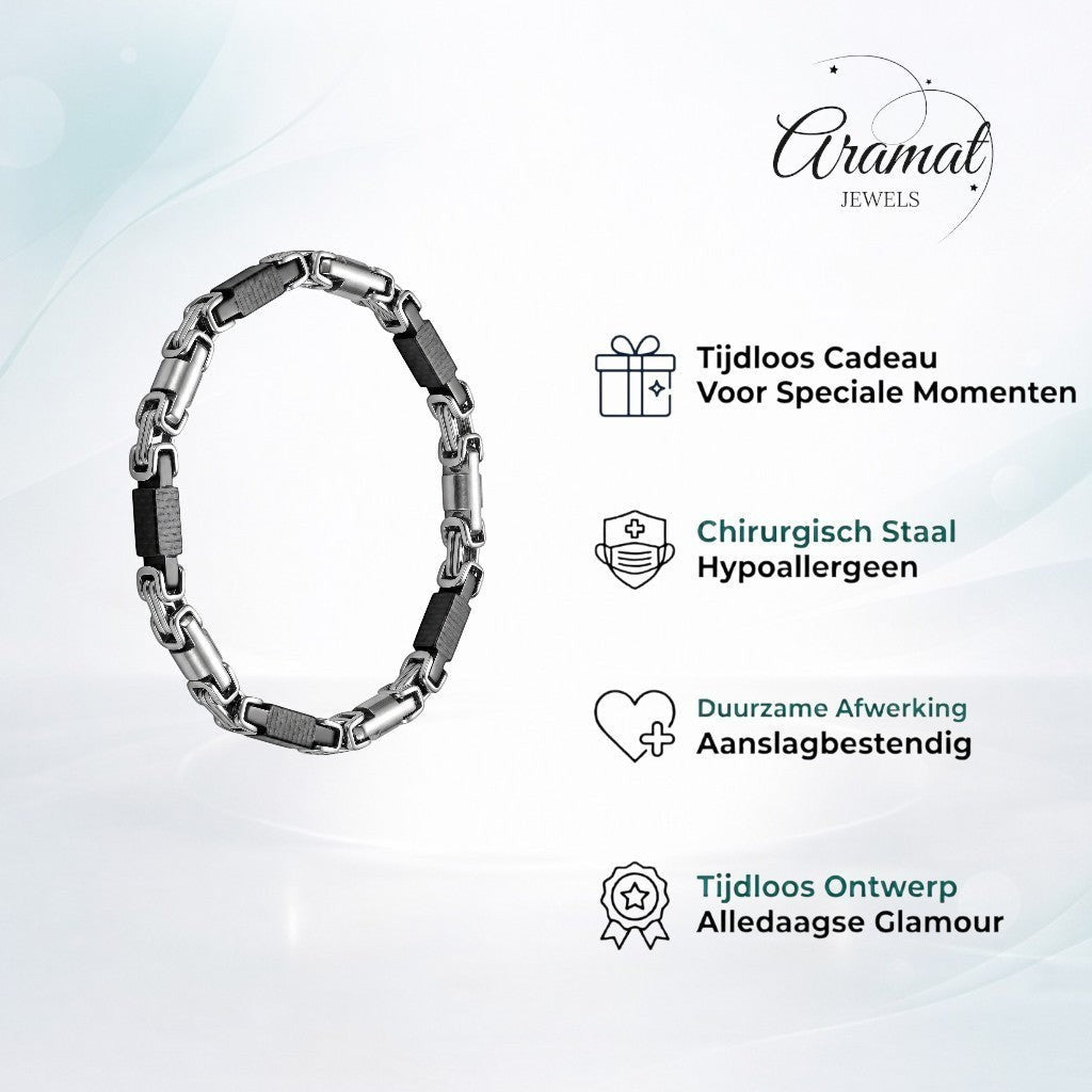 Aramat Jewels stoere koningsschakel armband van edelstaal met zwarte accenten en karabijnslot, 6mm breed en 23cm lang.