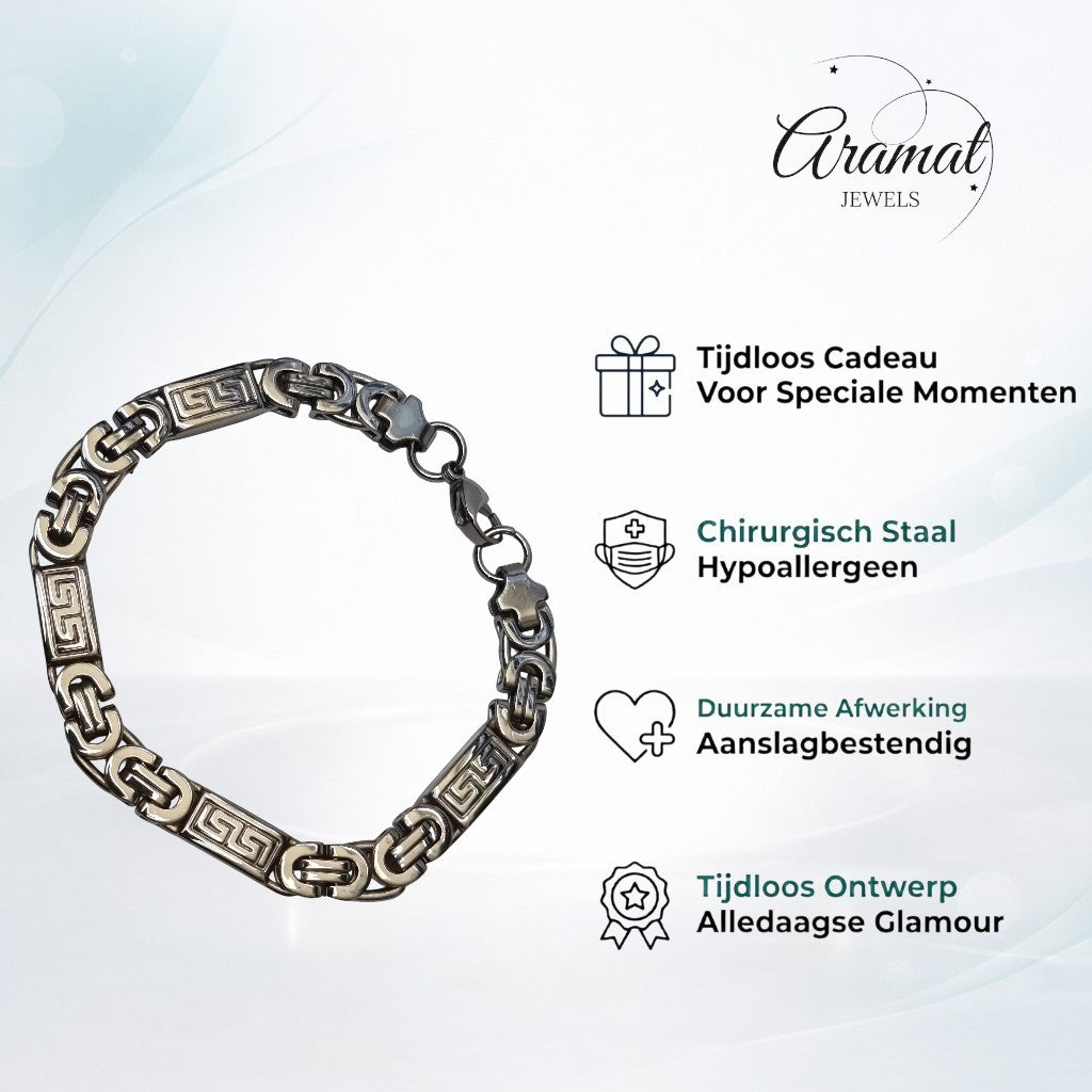 Aramat Jewels koningsschakel armband in roestvrij staal met Grieks motief, 23cm lang en 8mm breed.