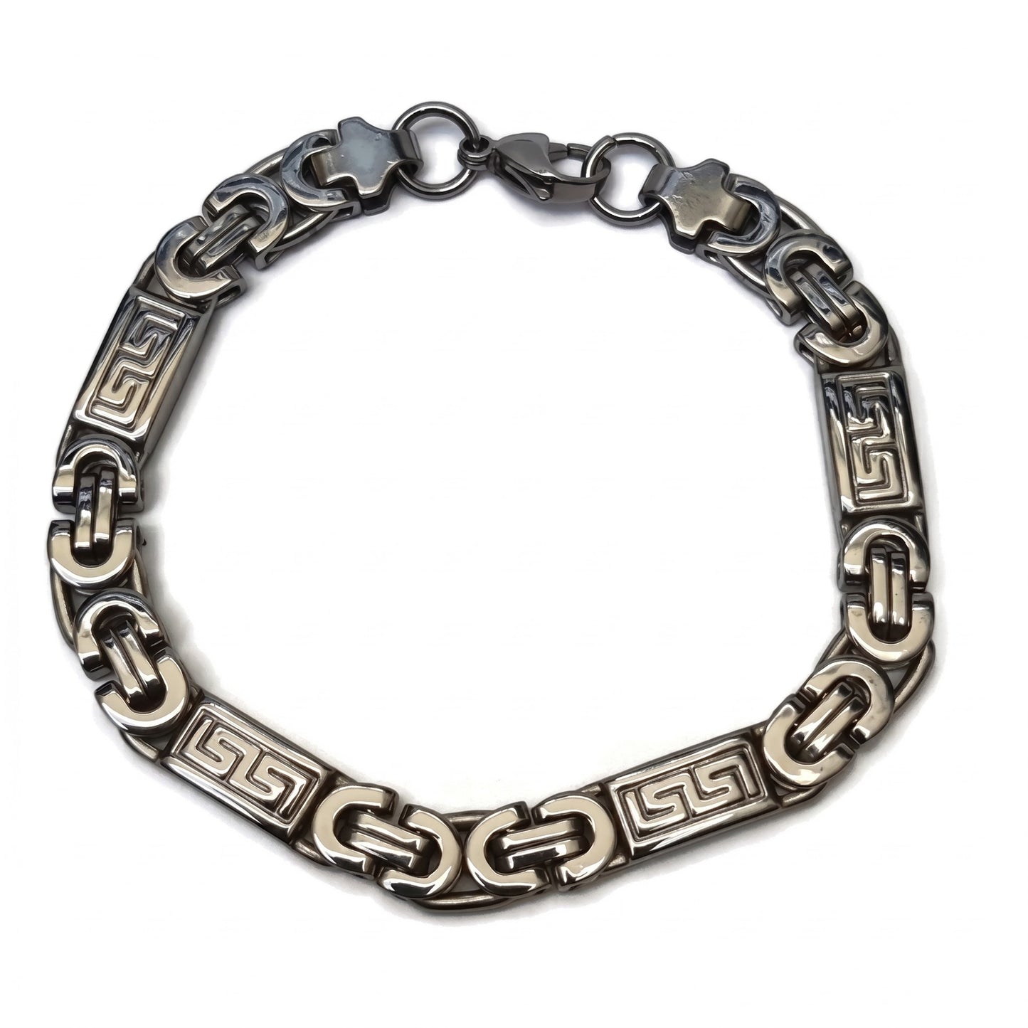 Aramat Jewels RVS koningsschakel armband met Grieks motief, 23cm lang en 8mm breed, met karabijnsluiting.