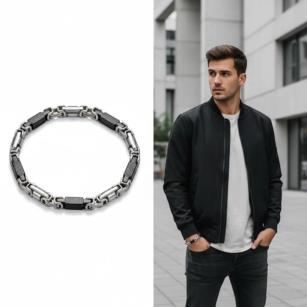 Aramat Jewels stoere zilverkleurige koningsschakel armband met zwarte details en karabijnslot, 6mm breed en 23cm lang.