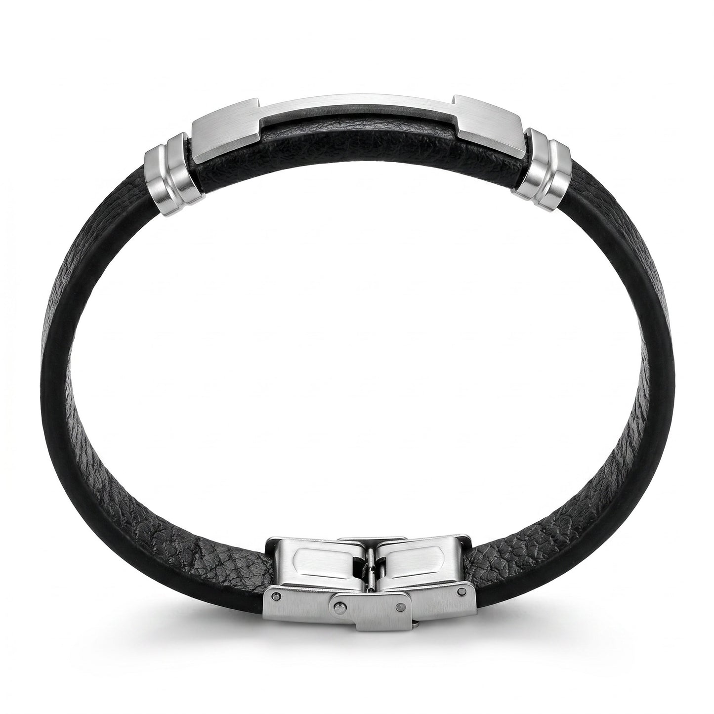 Aramat Jewels stoere zwarte leren herenarmband met zilverkleurige stalen plaat en sluiting, 21cm