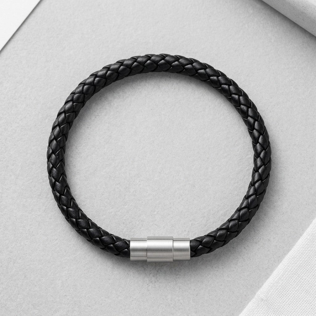 Aramat Jewels zwarte gevlochten leren herenarmband met een zilverkleurige RVS magneetsluiting op een grijze ondergrond.