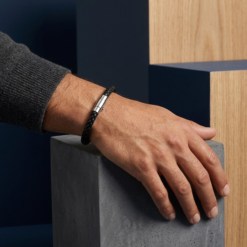 Aramat Jewels zwarte gevlochten leren herenarmband met zilverkleurige RVS magneetsluiting om een pols.