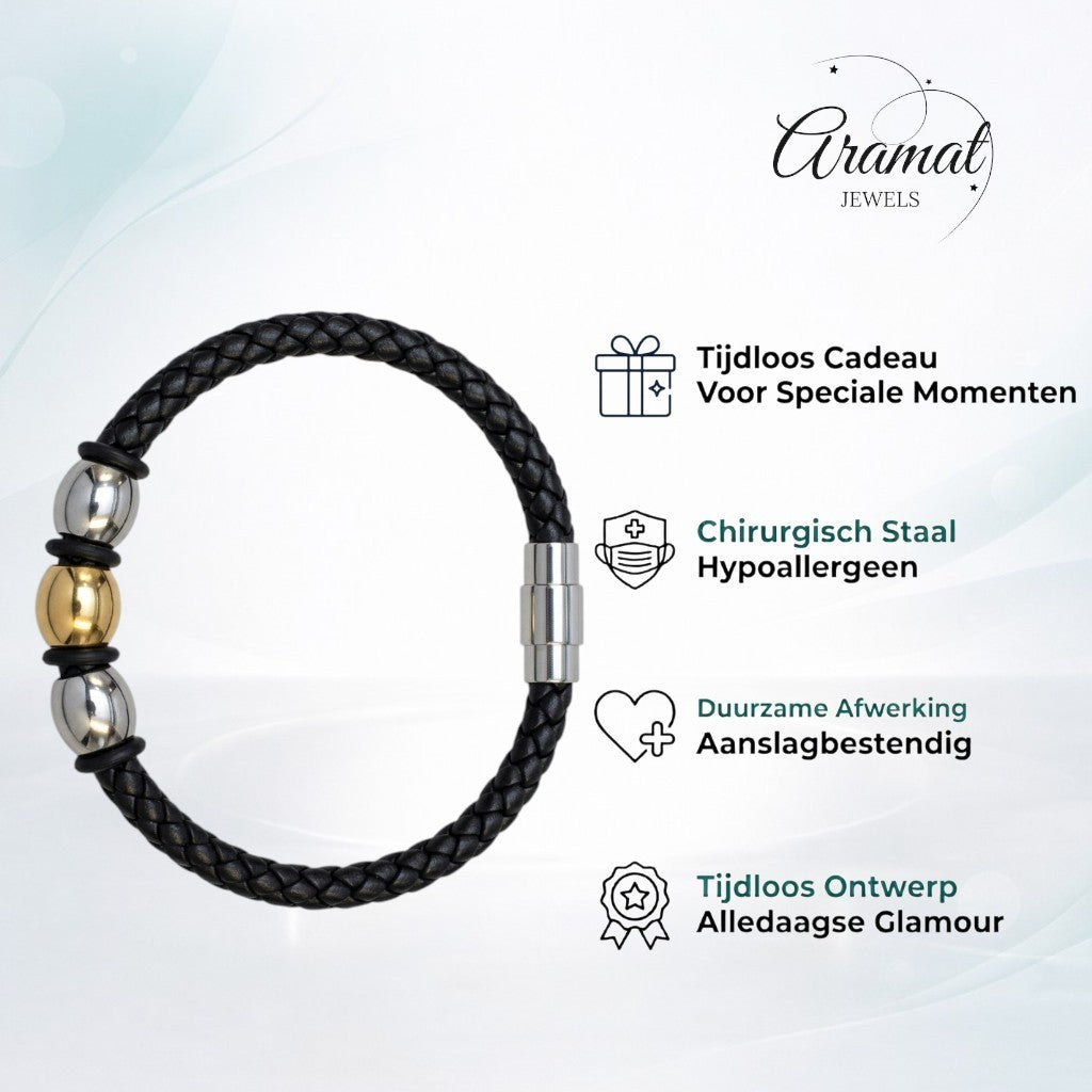 Aramat Jewels gevlochten zwarte leren herenarmband met zilver- en goudkleurige stalen kralen en magneetsluiting.