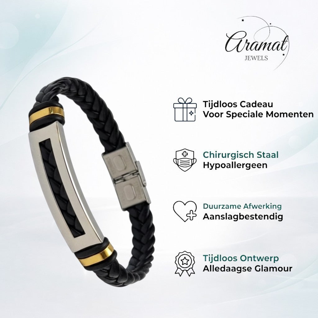Aramat Jewels stoere zwarte gevlochten leren armband met zilverkleurige RVS accenten en een stevige sluiting.