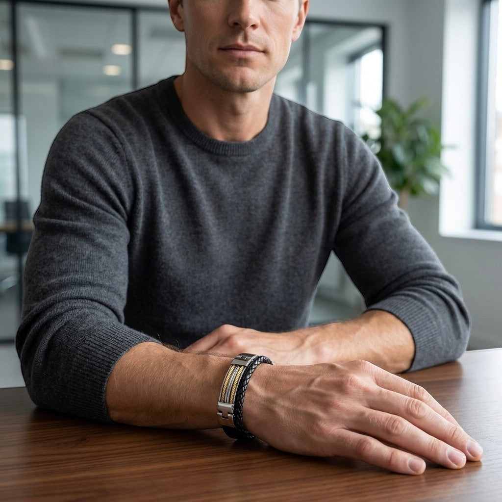 Man draagt Aramat Jewels armband van zwart PU-leer met RVS accenten in zilver, goud en rosé aan een houten tafel.