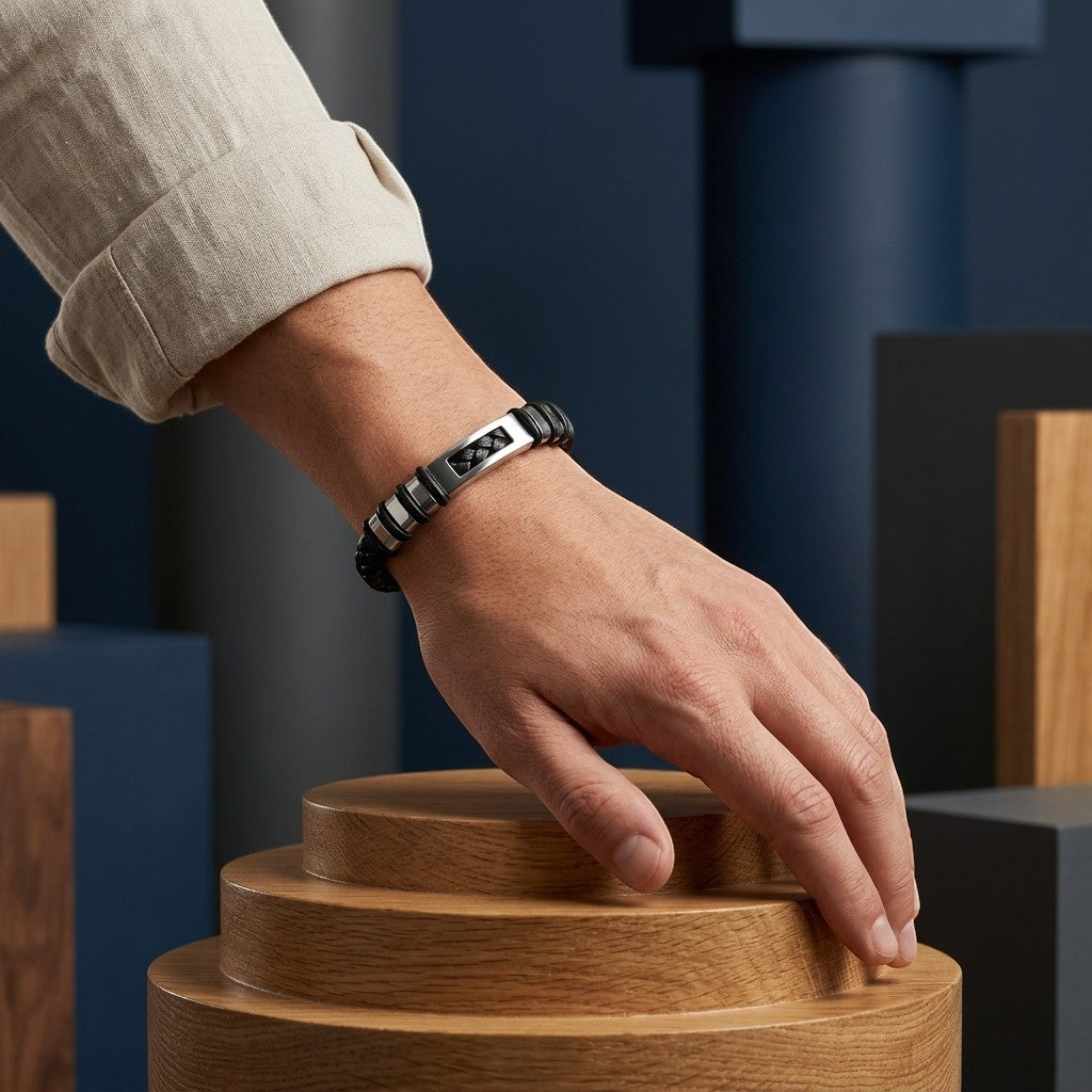 Aramat Jewels stoere zwarte lederen herenarmband met zilverkleurige RVS accenten om een pols op een houten sokkel.