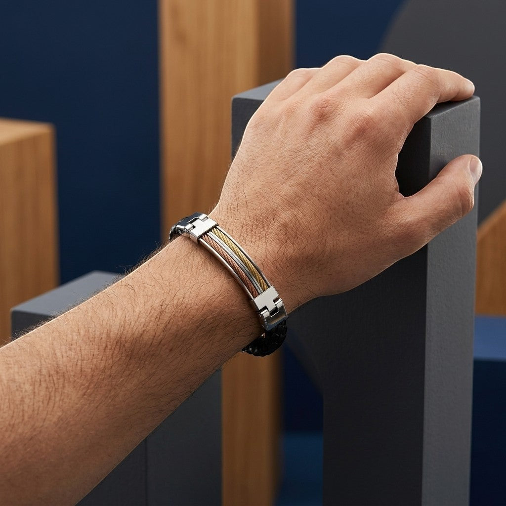 Aramat Jewels herenarmband van zwart leer en RVS met goud- en rosékleurige accenten om een pols.