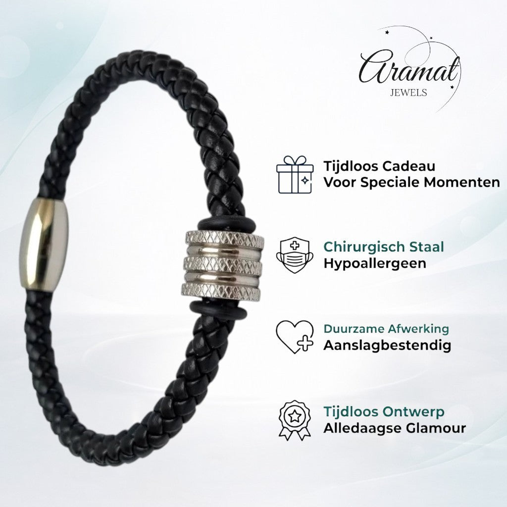 Aramat Jewels zwarte leren herenarmband met zilverkleurige RVS kraal en stevige magneetsluiting.