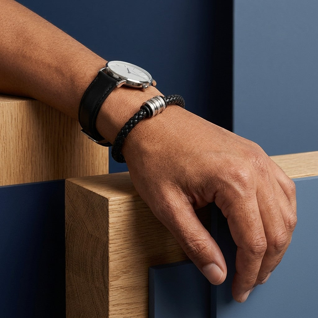 Aramat Jewels stoere zwarte leren heren armband met zilverkleurige RVS kraal en magneetsluiting om een pols.