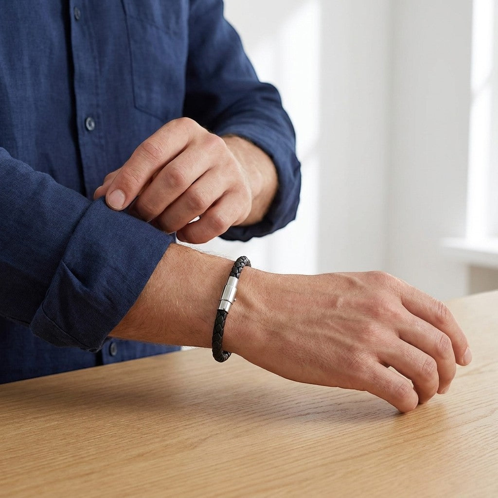 Aramat Jewels zwarte leren herenarmband met zilverkleurige RVS magneetsluiting gedragen om de pols.