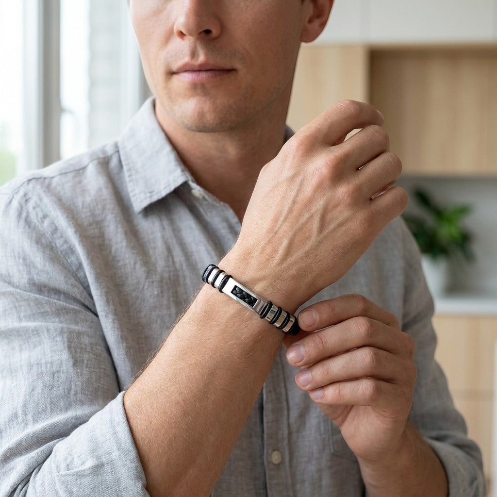 Aramat Jewels stoere zwarte leren herenarmband met zilverkleurige RVS accenten om de pols van een man.