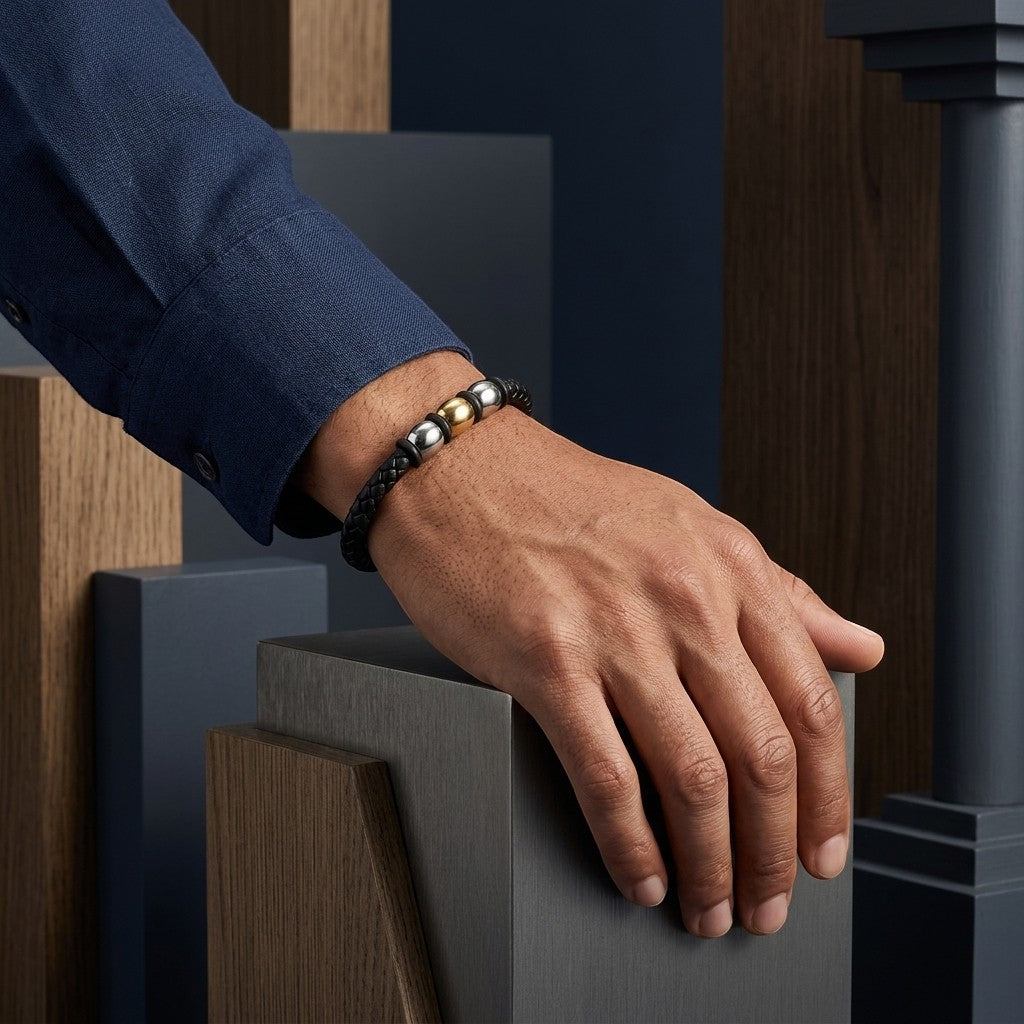 Aramat Jewels gevlochten zwarte leren herenarmband met zilver- en goudkleurige stalen kralen om een pols.