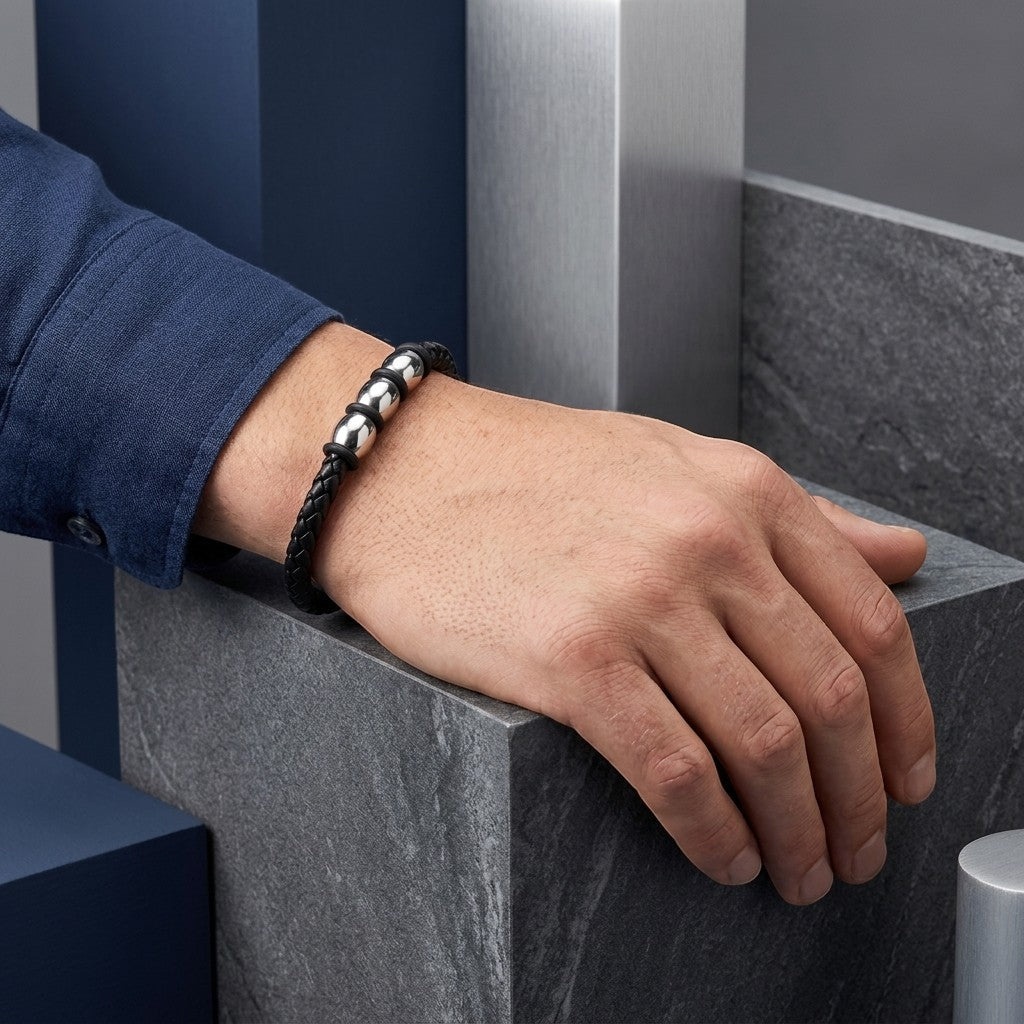 Aramat Jewels zwarte gevlochten leren herenarmband met drie zilverkleurige stalen kralen om een pols