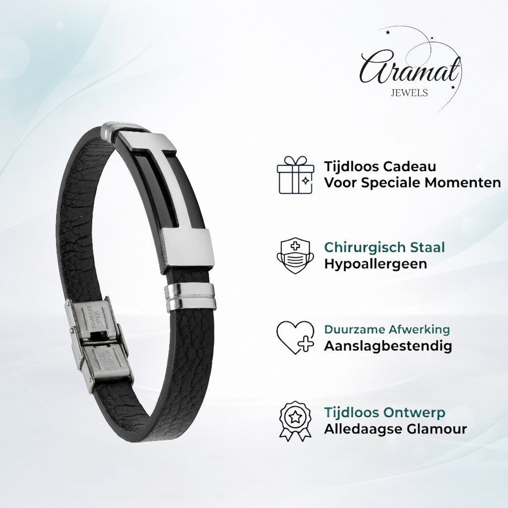 Aramat Jewels stoere zwarte leren herenarmband met zilverkleurige T-vormige plaat en stalen sluiting.