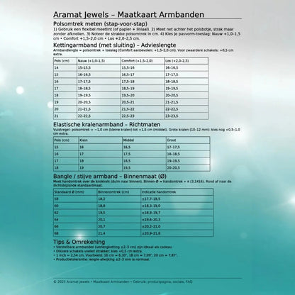 Aramat Jewels maattabel voor het bepalen van de juiste armbandmaat en polsomtrek voor diverse type armbanden.