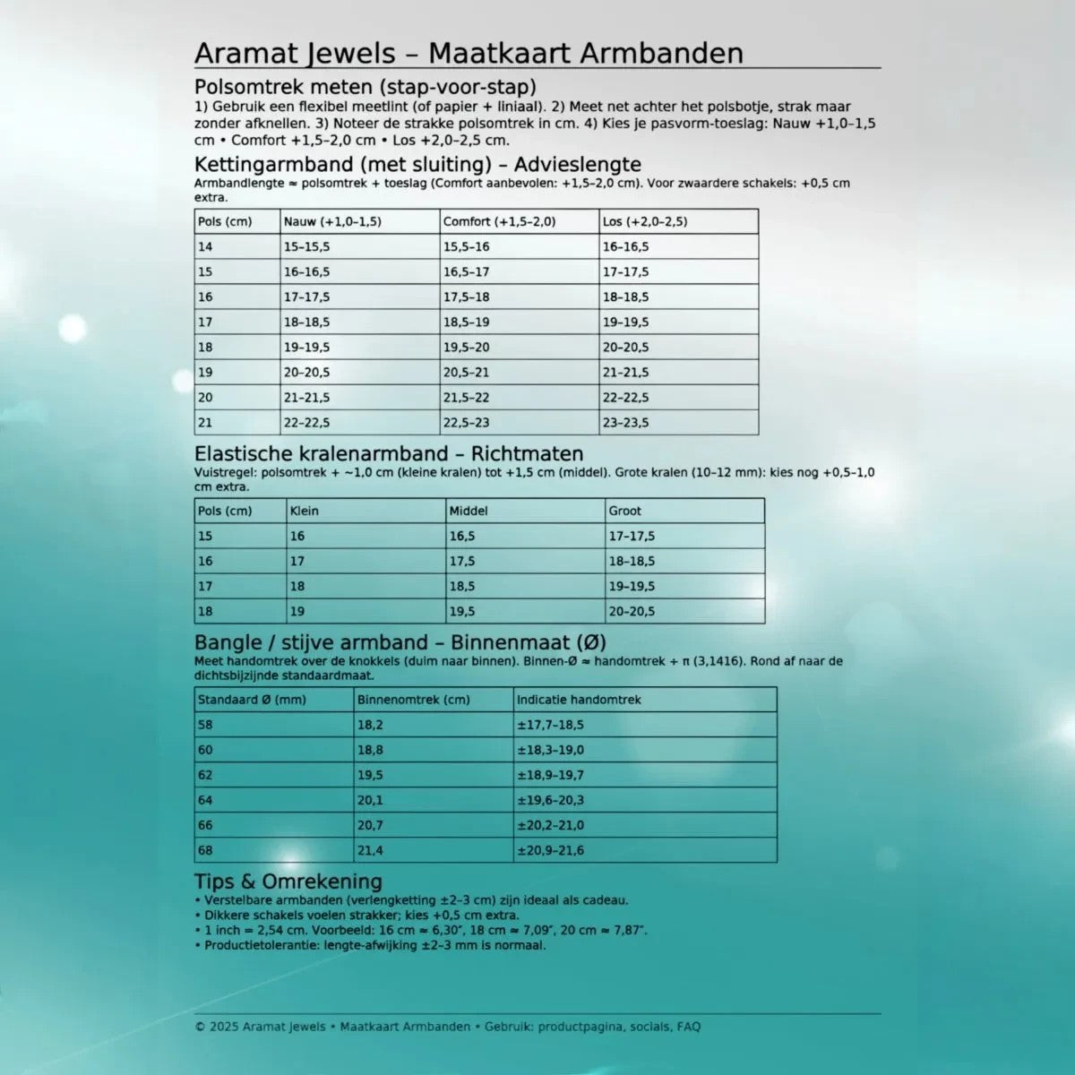Aramat Jewels maattabel voor het opmeten van de polsomtrek en bepalen van de juiste armbandmaat in centimeters.