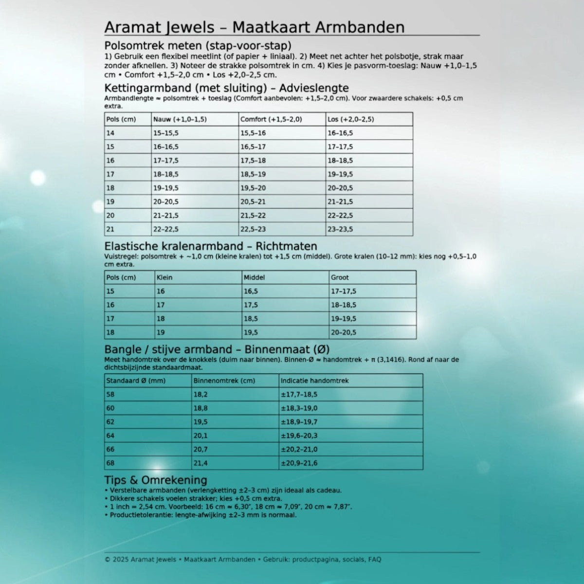 Aramat Jewels maattabel voor het bepalen van de juiste armbandmaat met instructies voor polsomtrek en pasvorm.