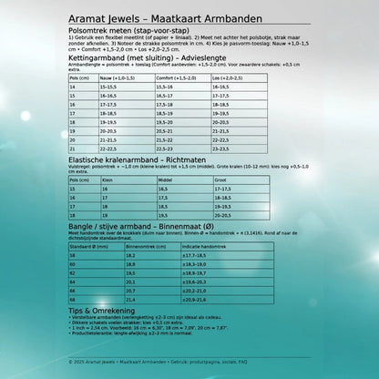 Aramat Jewels maattabel voor armbanden met instructies voor polsomtrek, kettingarmbanden en bangle maten.