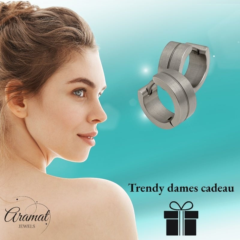 Aramat Jewels matte silver stainless steel hoop earrings with a subtle glossy stripe detail, 13mm size.