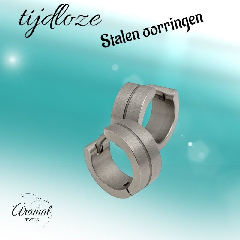 Aramat Jewels matte silver stainless steel hoop earrings with a subtle gloss stripe detail, 13mm.