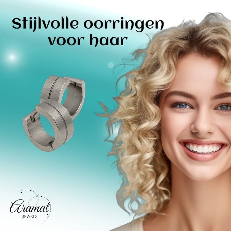 Aramat Jewels matte silver stainless steel hoop earrings with a subtle gloss stripe detail, 13mm size.