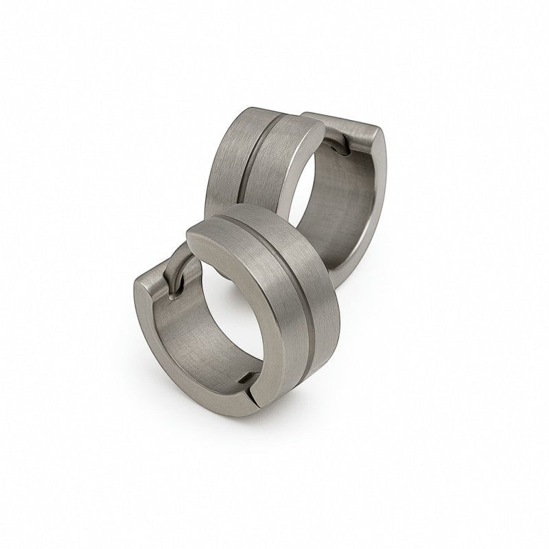 Aramat Jewels matte silver stainless steel hoop earrings with a subtle glossy stripe detail, 13mm.