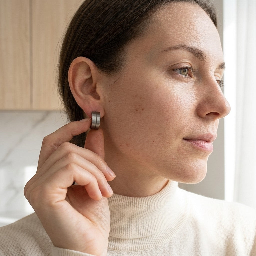 Aramat Jewels matte silver stainless steel hoop earrings with a subtle glossy stripe detail, 13mm.