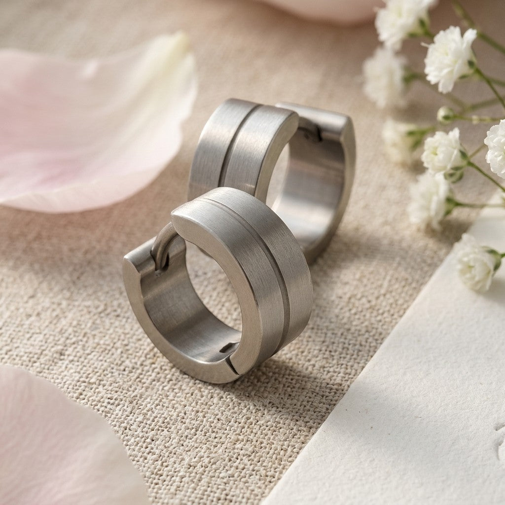 Aramat Jewels matte silver stainless steel hoop earrings with a subtle glossy stripe detail, 13mm.