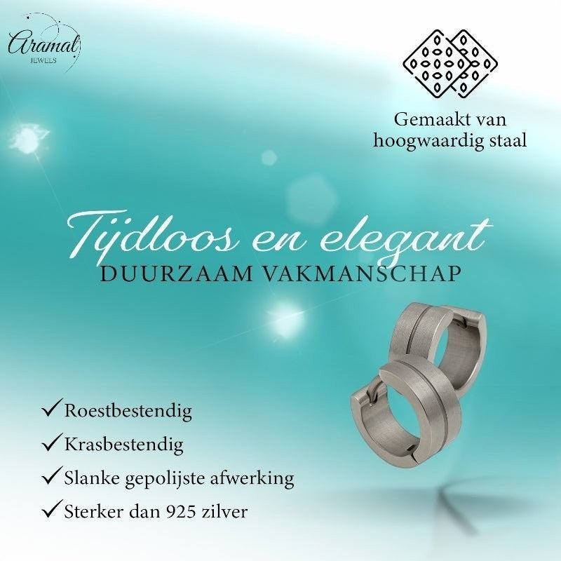 Aramat Jewels matte silver stainless steel hoop earrings with a subtle glossy stripe detail, 13mm size.