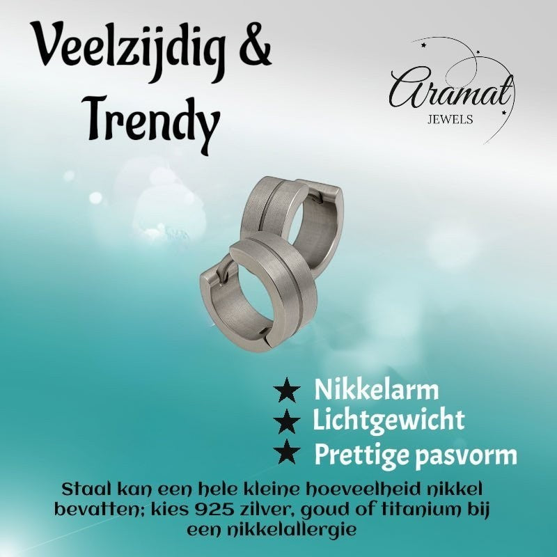 Aramat Jewels matte silver stainless steel hoop earrings with a subtle glossy stripe detail, 13mm size.