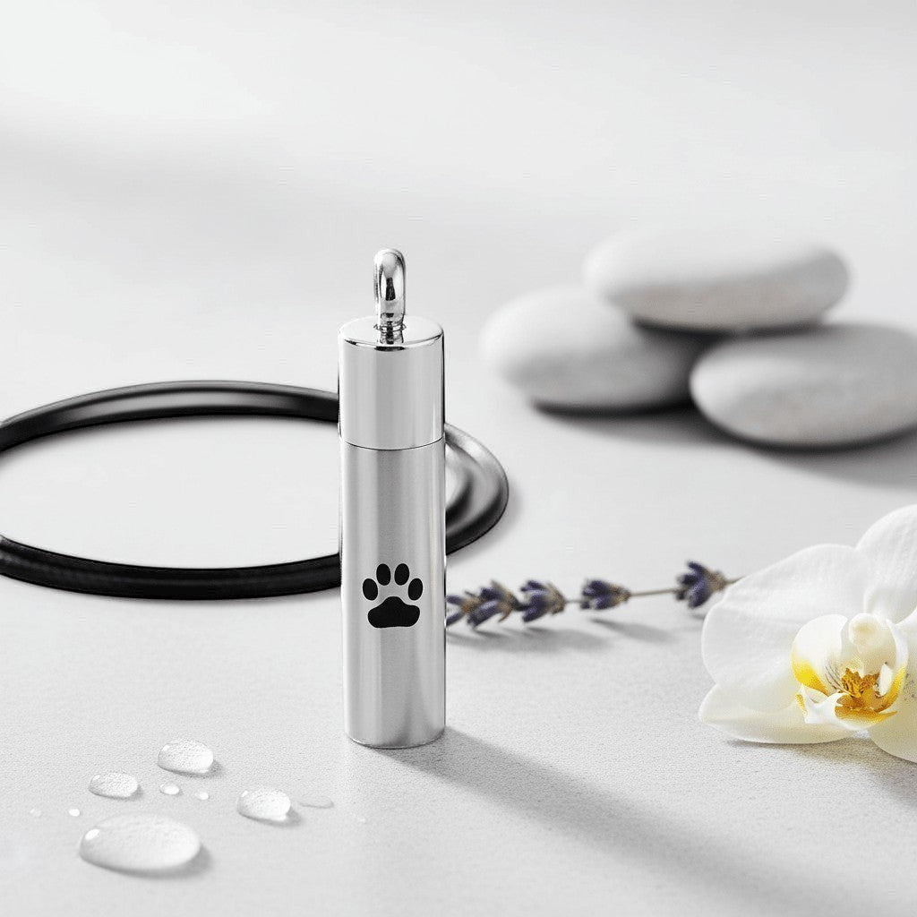 Aramat Jewels matte silver stainless steel cremation urn pendant with black paw print design. 46mm tube shape with screw top.