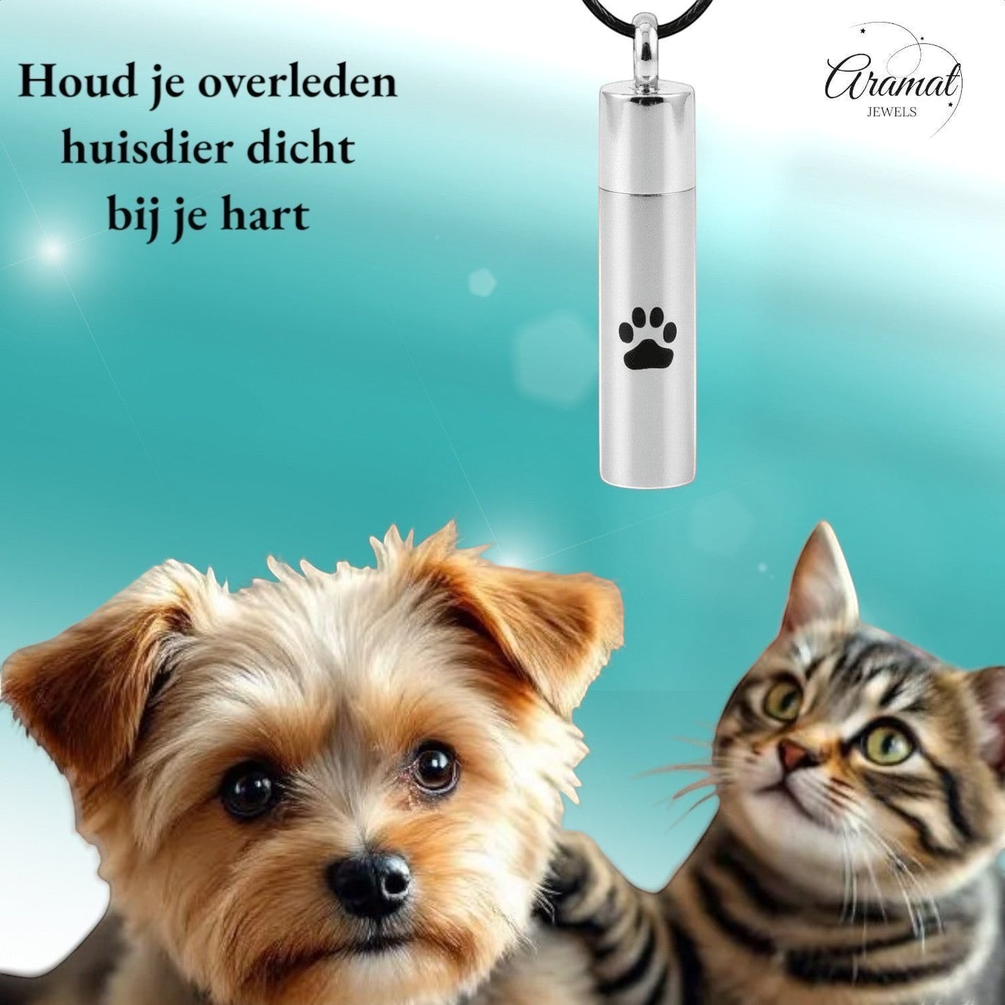 Aramat Jewels matte silver stainless steel cremation urn pendant with paw print design, 46mm, for pet ashes.