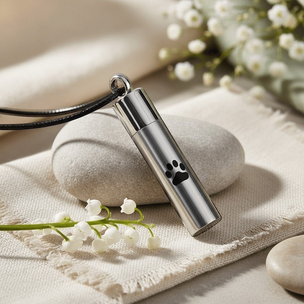 Aramat Jewels matte silver stainless steel cremation urn pendant with black paw print detail, 46mm tube shape.