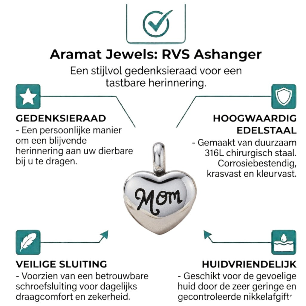 Aramat Jewels silver-tone stainless steel heart-shaped cremation charm with 'Mom' inscription, 12mm.