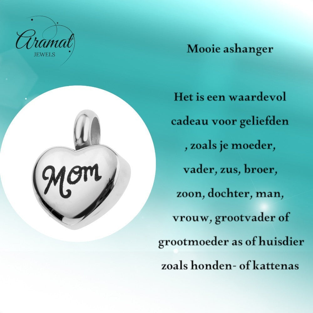 Aramat Jewels silver-tone stainless steel heart-shaped cremation charm with 'Mom' inscription, 12mm