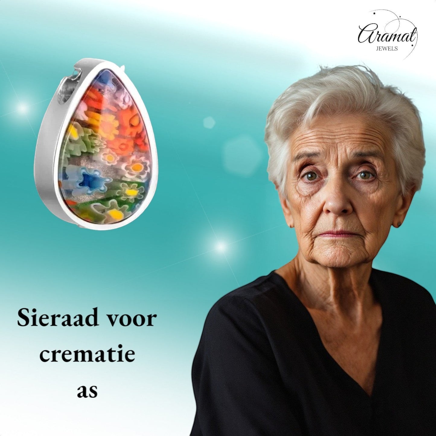 Aramat Jewels silver teardrop pendant with colourful Murano glass floral inlay, 2cm high.