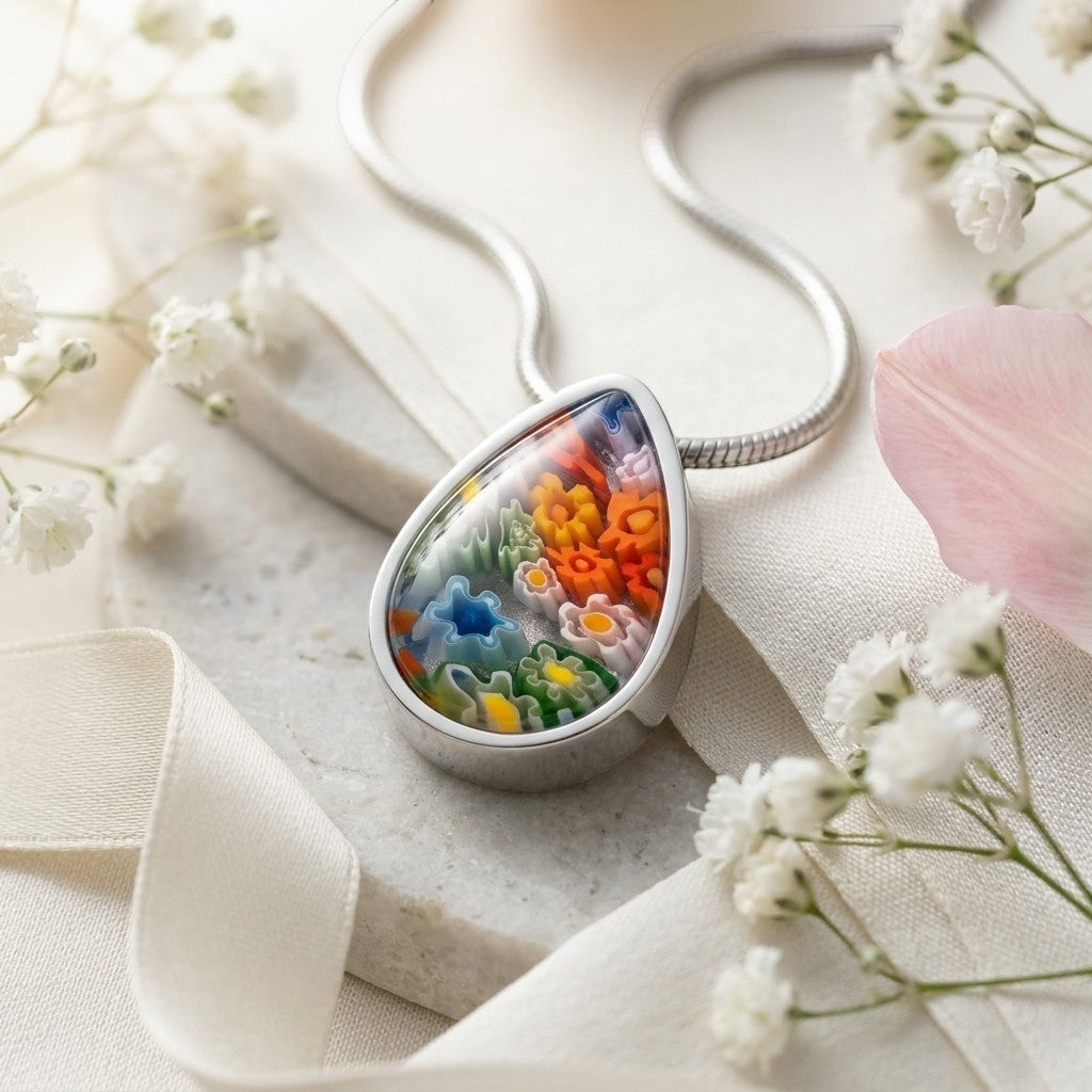 Aramat Jewels teardrop pendant with colourful Murano glass floral inlay, 2cm, 316L stainless steel.