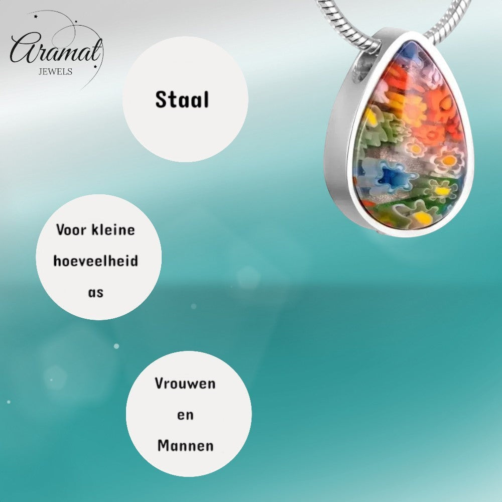 Aramat Jewels teardrop pendant with colorful Murano glass floral inlay, made of 316L stainless steel.