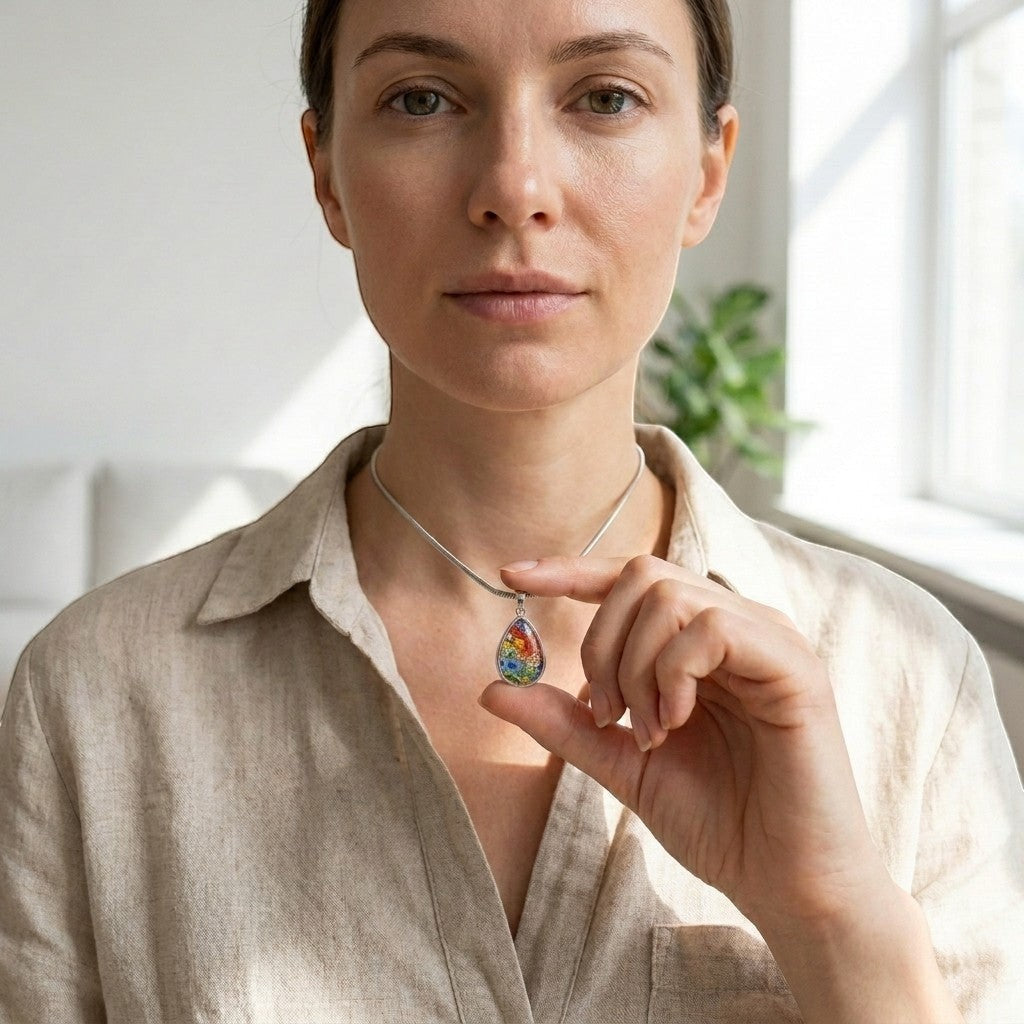 Aramat Jewels teardrop pendant with colourful Murano glass featuring a floral pattern, made of 316L stainless steel.
