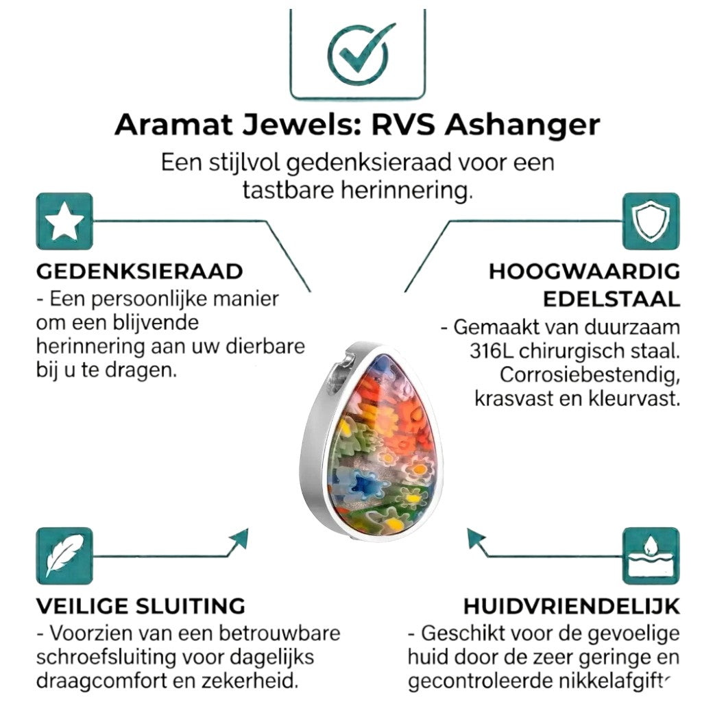 Aramat Jewels silver teardrop cremation pendant with colourful Murano glass floral inlay