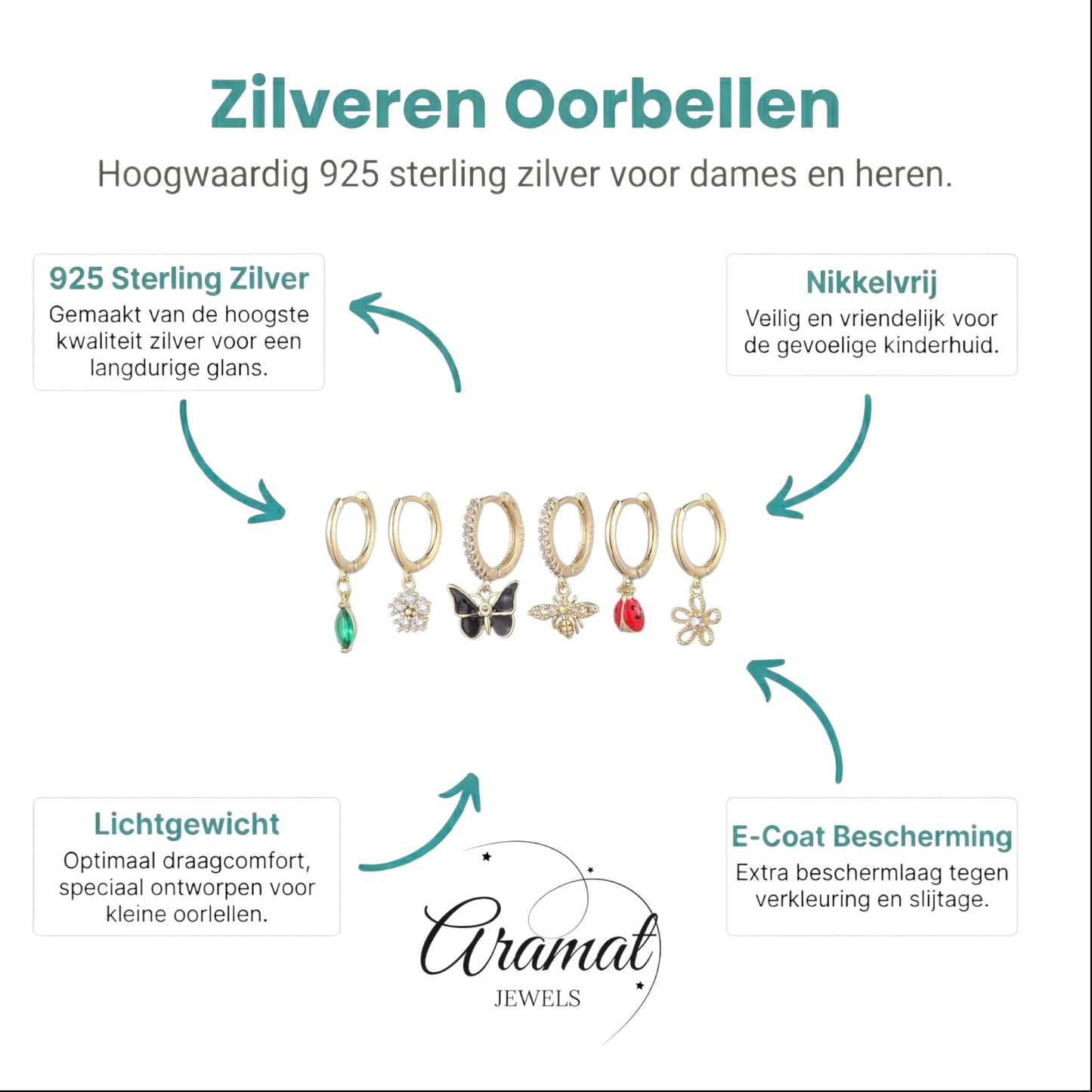 Aramat Jewels set of 6 gold-plated 925 silver hoop earrings with nature-themed charms: green marquise gem, white flower, black butterfly, bee, ladybug, and pink flower.