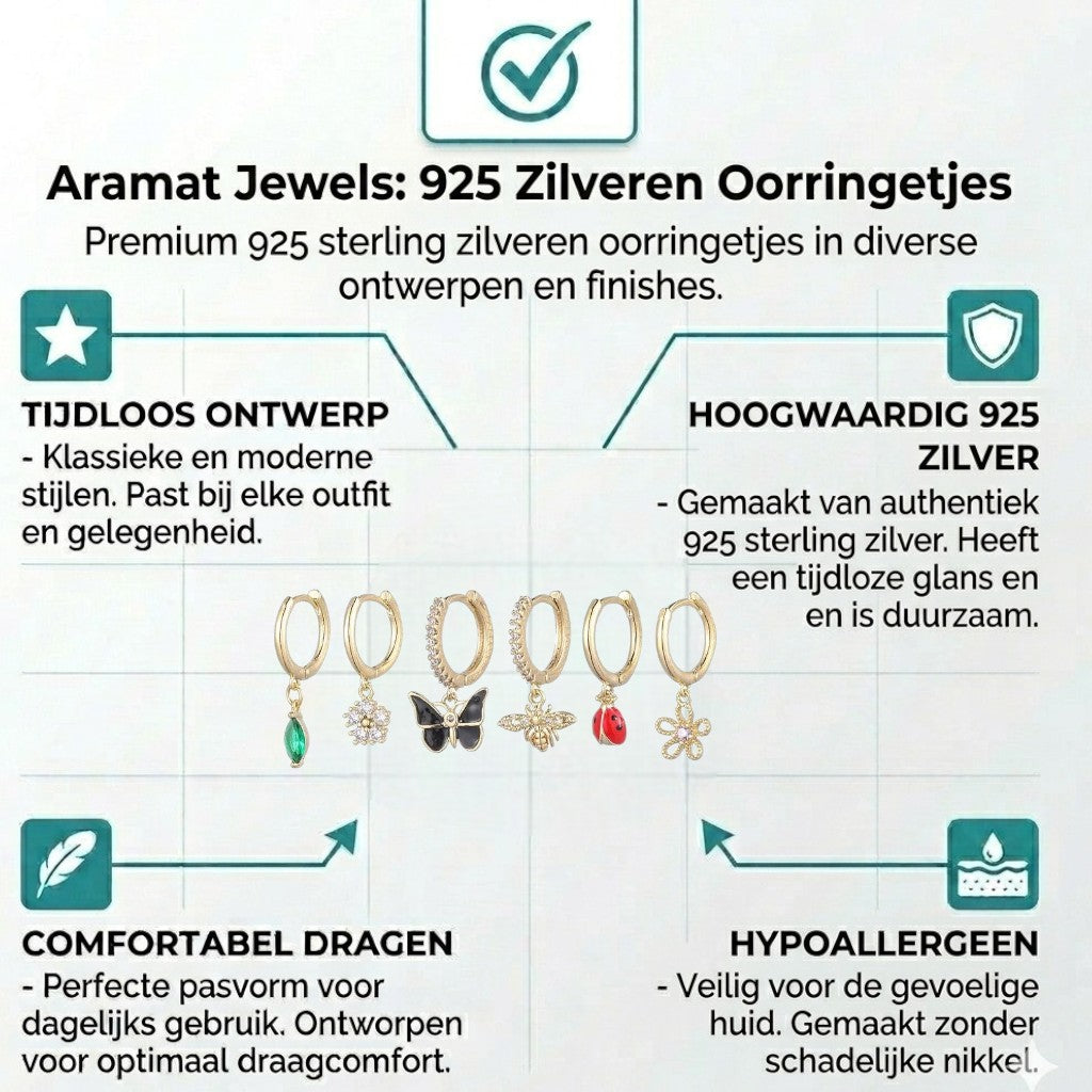 Aramat Jewels set of 6 gold-plated 925 silver hoop earrings with nature-themed charms: green marquise gem, white flower, black butterfly, bee, ladybug, and pink flower.