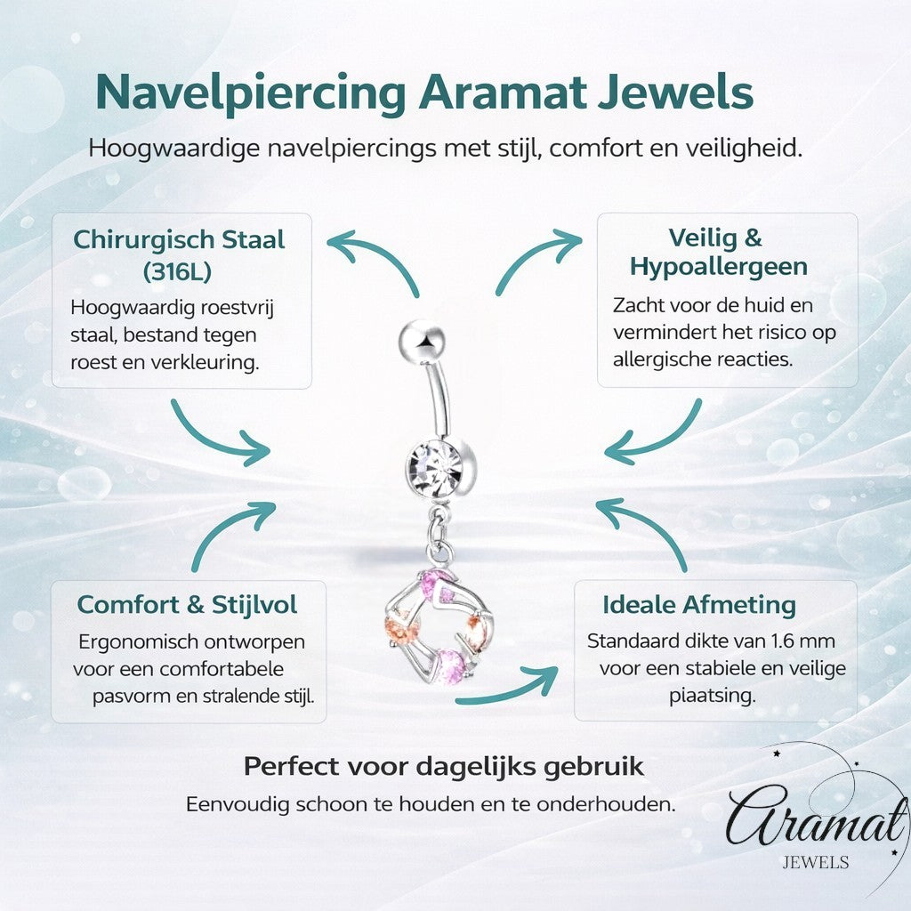 Aramat Jewels silver surgical steel navel piercing with a dangling charm featuring pink and champagne cubic zirconia stones.