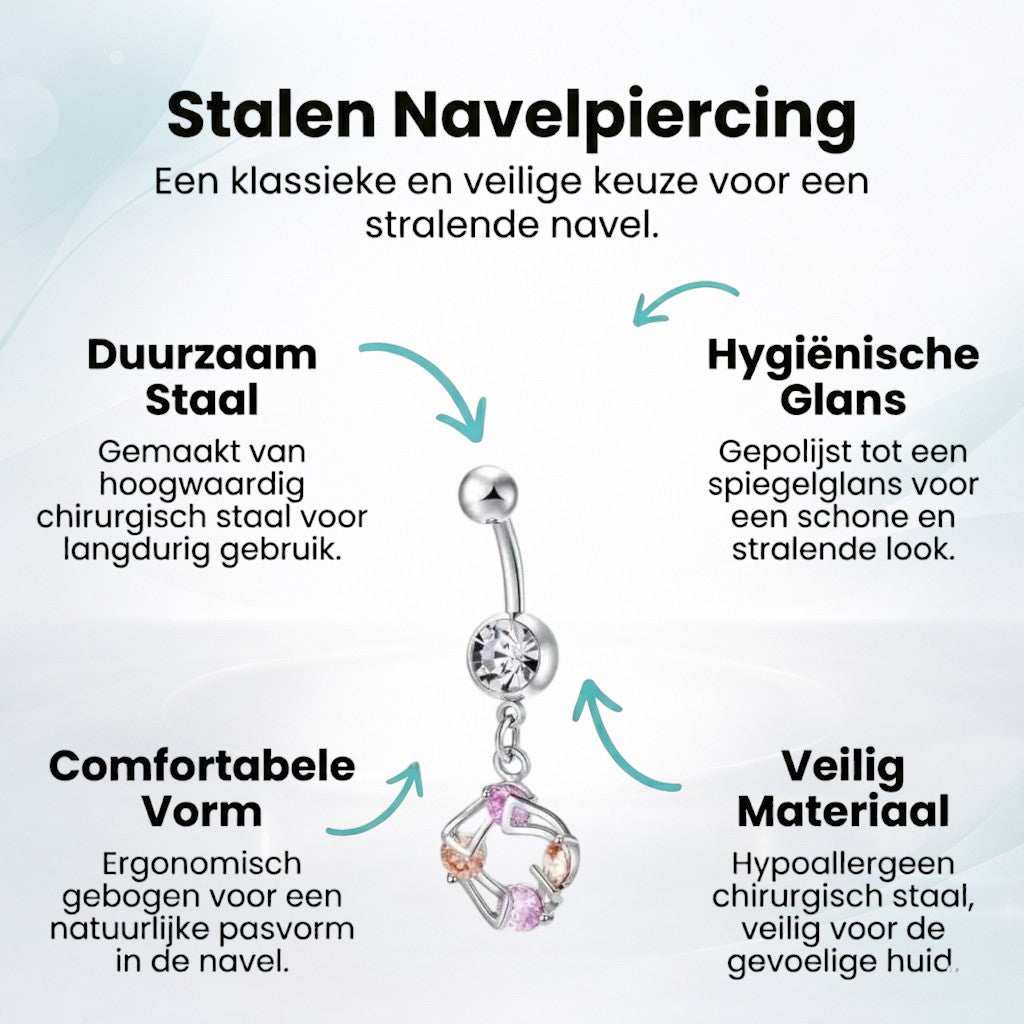 Aramat Jewels silver surgical steel navel piercing with pink and champagne zirconia hanger.